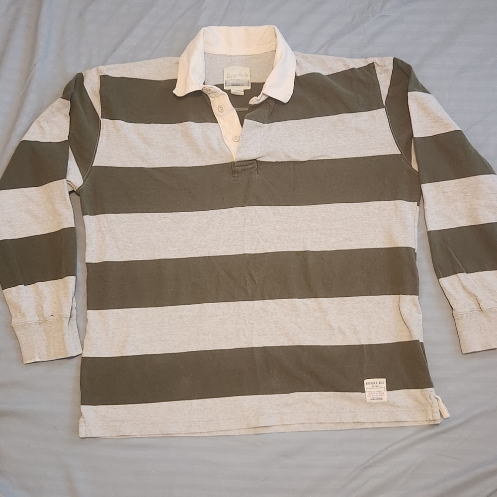 American Eagle Green/Gray Long Sleeve Polo (Mens M)